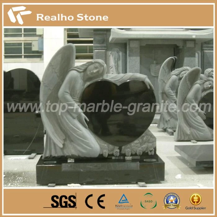 Granite Memorial Heart Headstone With Craved Angel Statues