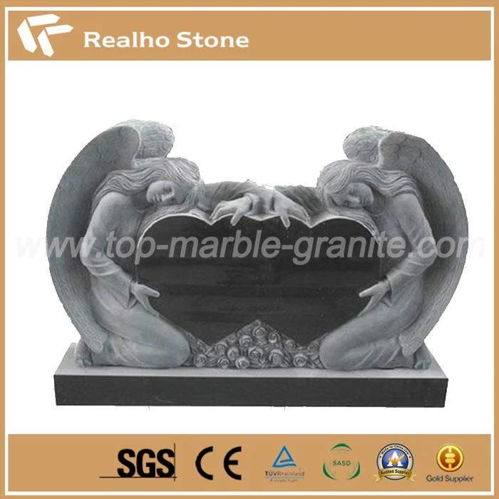 Granite Memorial Heart Headstone With Craved Angel Statues