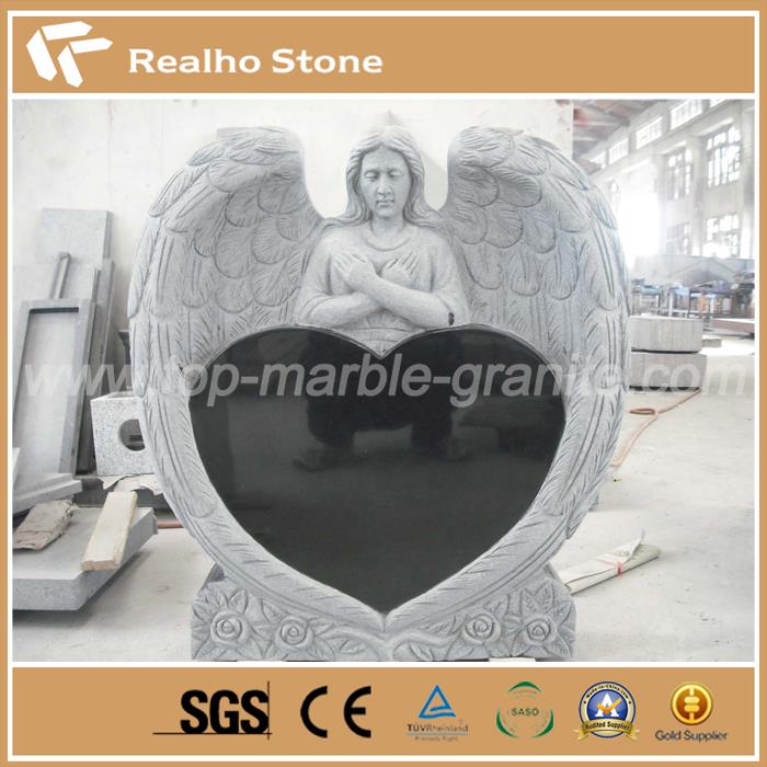 Granite Memorial Heart Headstone With Craved Angel Statues